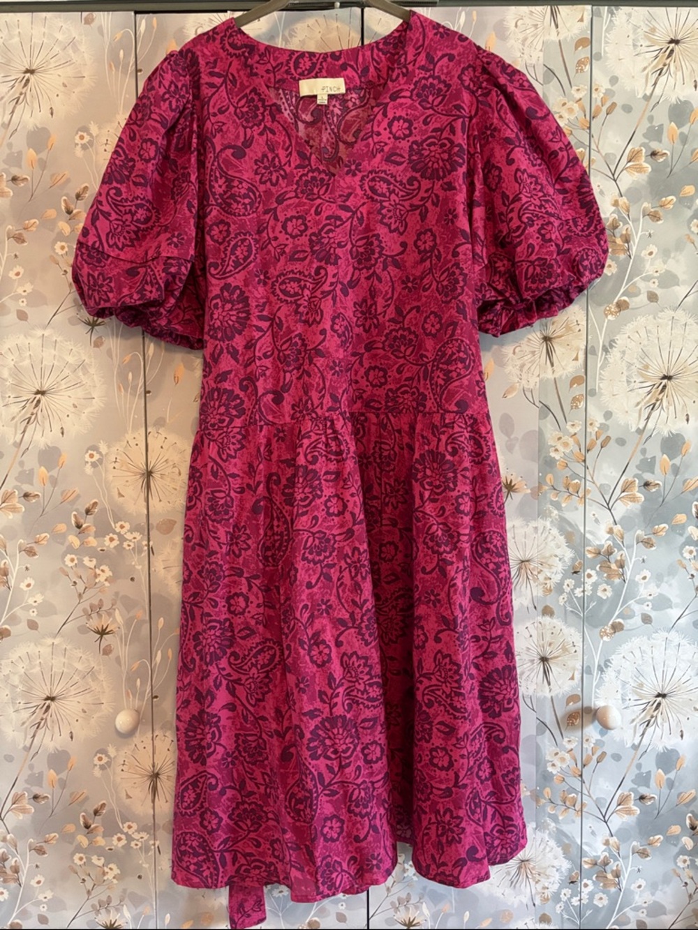 Pinch Pink Paisley Floral-Print Puff Sleeve Midi Dress